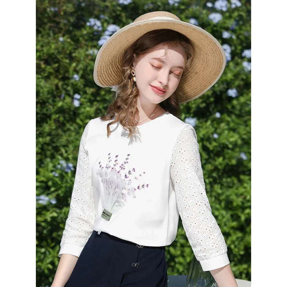 Hollow Out Splicing Printed Women's T-Shirts Clothes Female Spring New Unique Chic Slim Tops