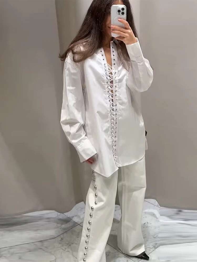 Sexy Bandage Women's Shirt Long Sleeve Lapel Loose White Female T-shirt 2025 Spring Summer Street Fashion Hollow Out Lady Tops