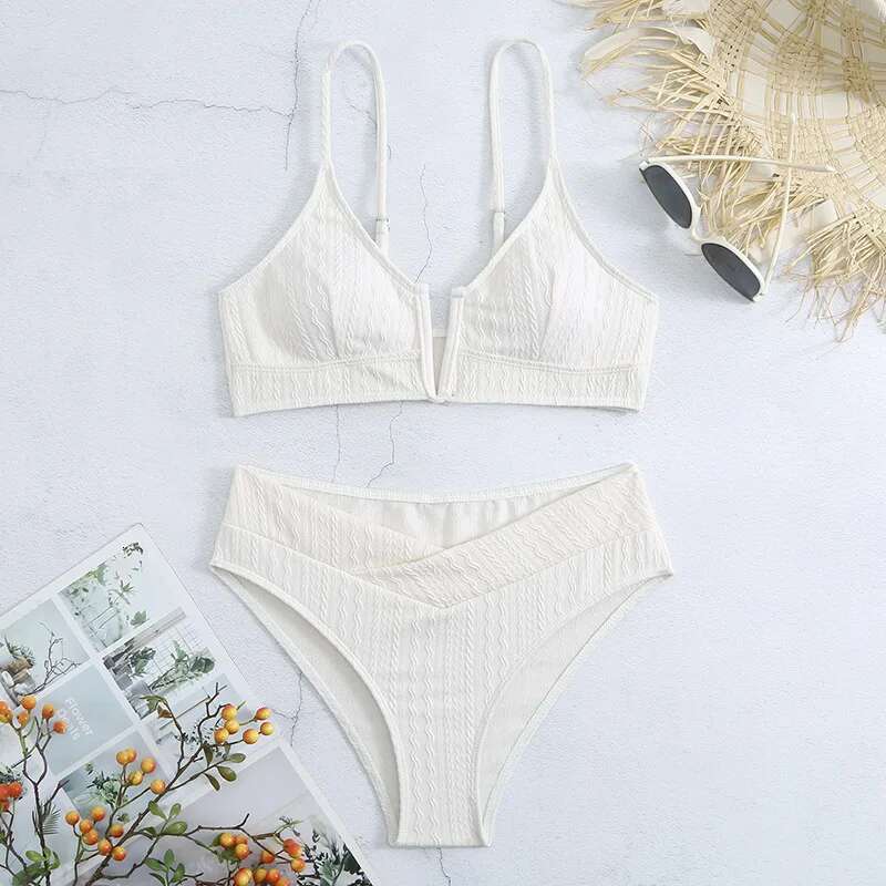 Solid Color 2 Piece Swimsuit for Women,sexy High Waist V-neck Bikini,suspender Beach Backless Swimwear,2024 Summer New