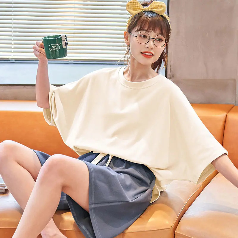 UBAU One Set Women Pajamas Sleepwear Pajama Set Short Sleeve And Shorts Suit Casual Solid Color Homewear Top Shorts 250402