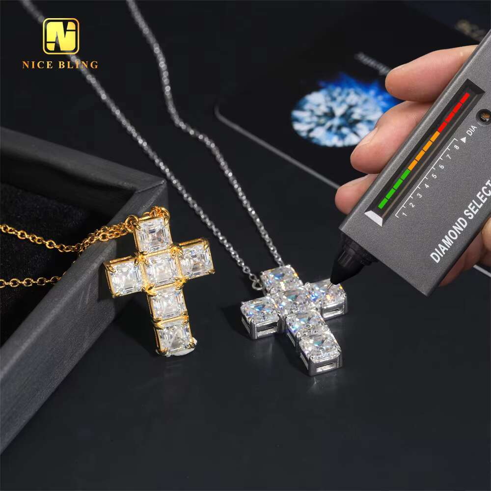 Classic Asscher Cut Women Link Chain Iced Out 925 Sterling Silver VVS Moissanite Diamond Women Jewelry Cross Pendant Necklace