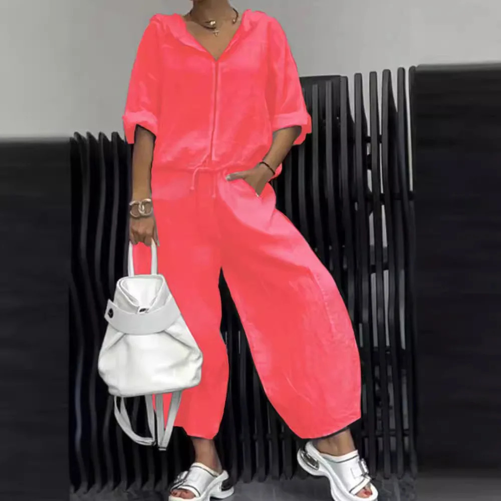 Womens casual sports suit fashionable solid hooded sweatshirt zipper wide leg pants twopiece set womens spring and summer 250403