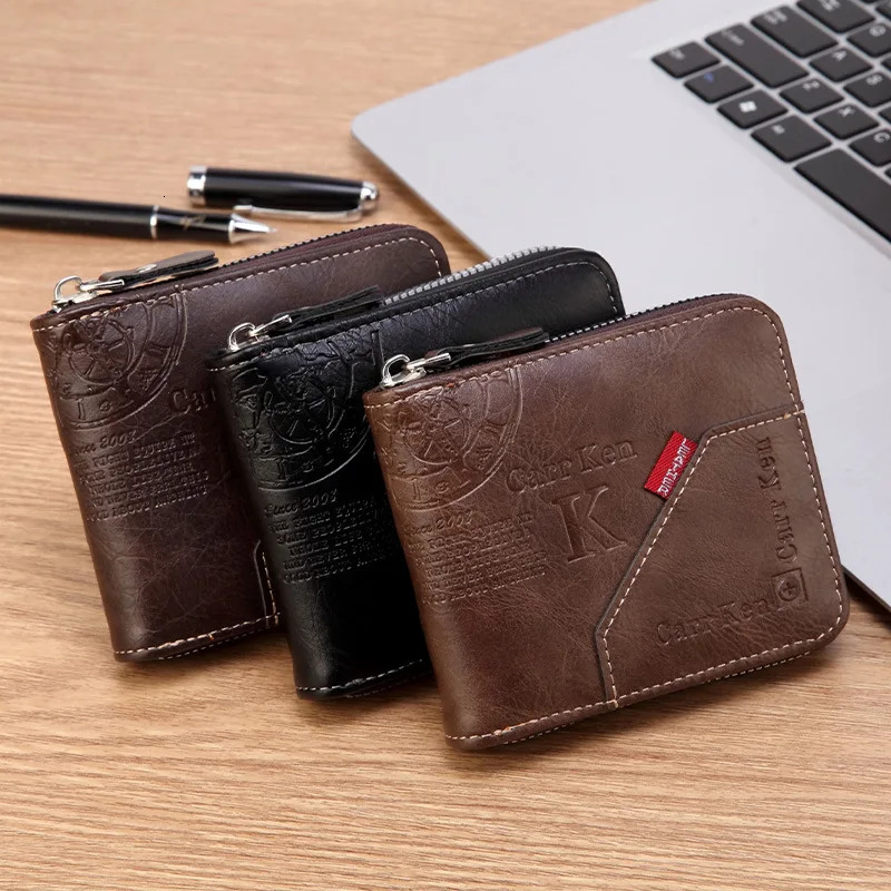 Mens PU Waxed Oil Leather Wallet Short Bifold Coin Purse with All-Around Zipper for Cash Cards 251105