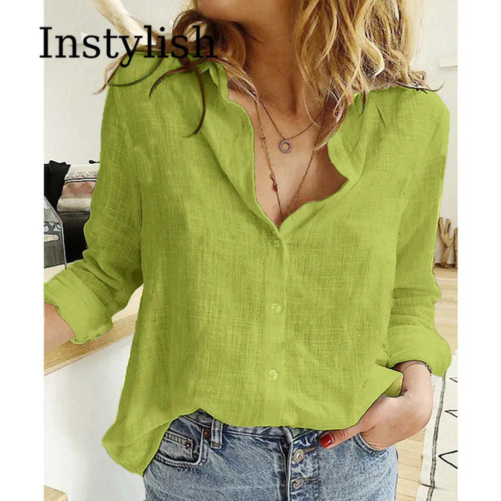 Elegant Cotton Linen Shirts Women Casual Solid Button Lapel Blouses Shirts Autumn Winter Long Sleeve Loose Tops Tunic Blusas 250402