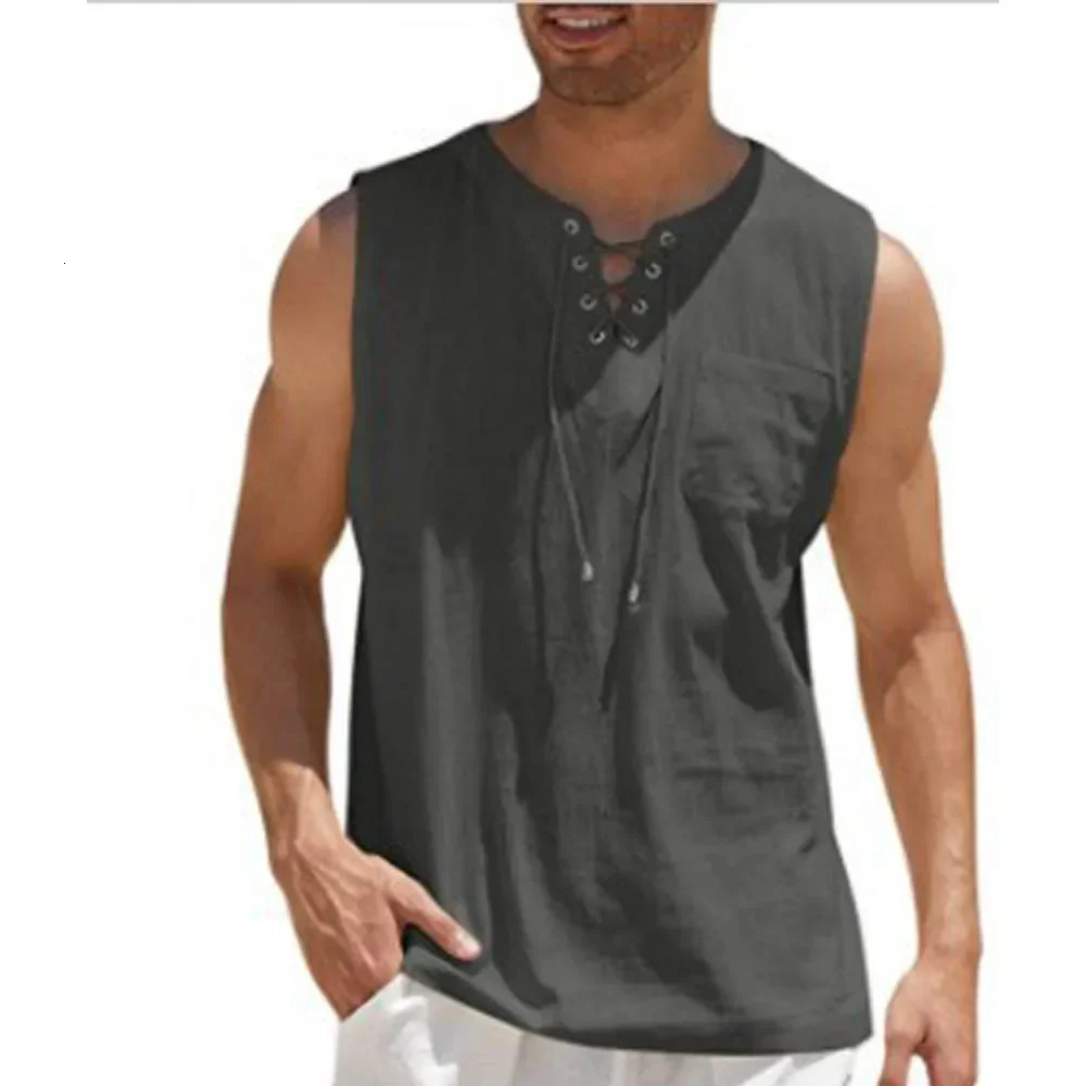 Summer linen shirt mens casual no ruffled vest belt lace top retro V-neck fashionable loose shirt mens solid color T-shirt 250403