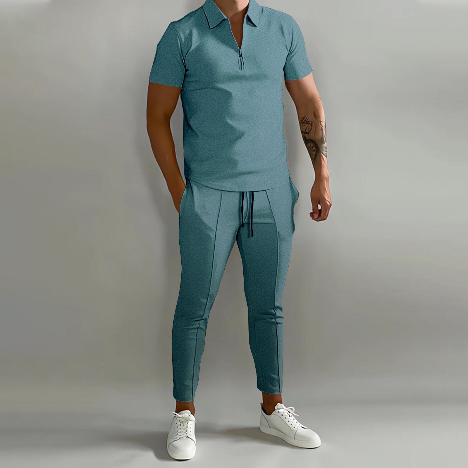 New mens 3D printed gradient short sleeved polo pants casual sports suit mens clothing