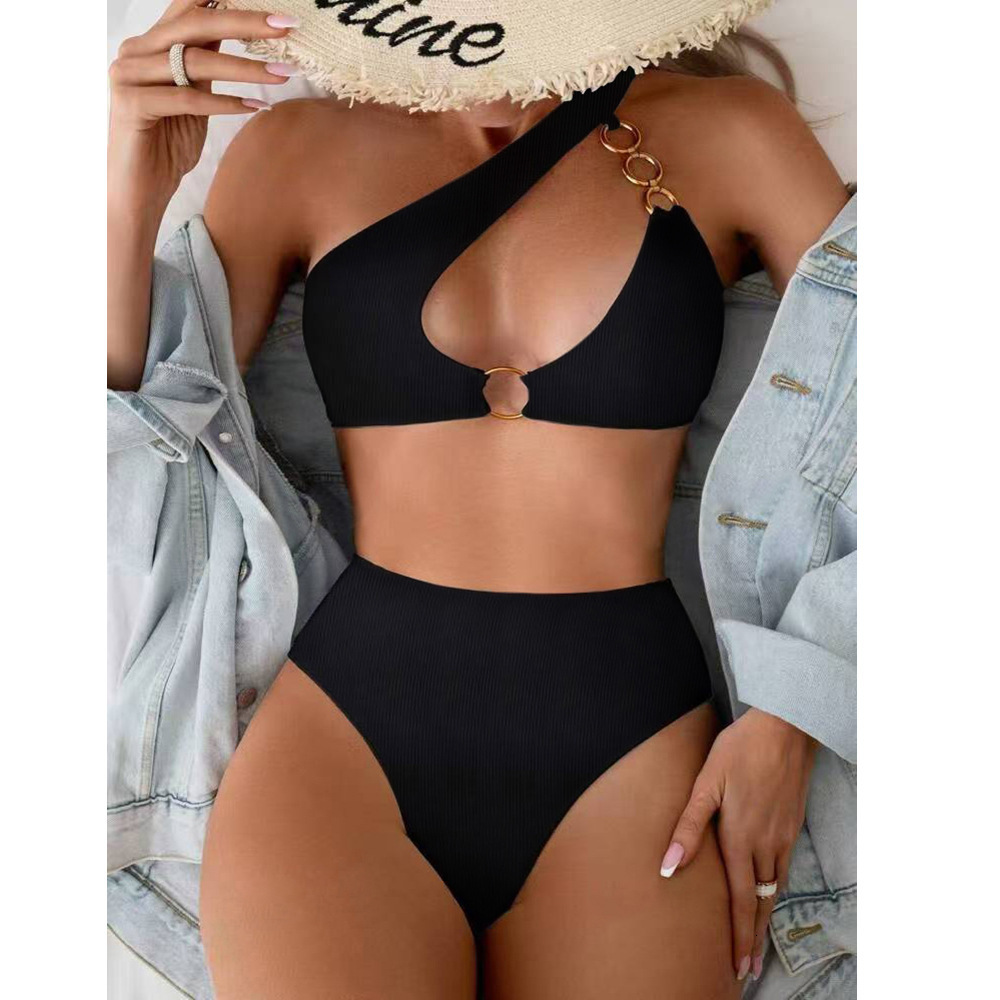 2025 New Single Strap Solid Color Split Triangle High Waist Sexy Bikini Swimsuit for Women