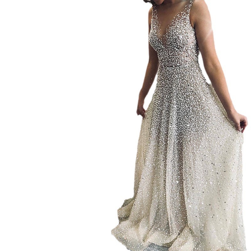 2025 Spring/summer New Womens Gold Sprinkle V-neck Dress with Strap Gradient Floor Pulling Dress