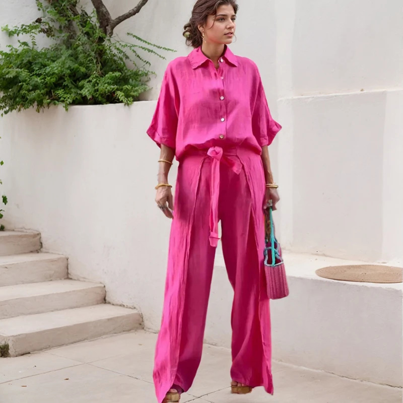 Office ladies shirt and pants twopiece set casual single chest three quarter sleeves top shoulder straps irregular wide leg male servant 250403