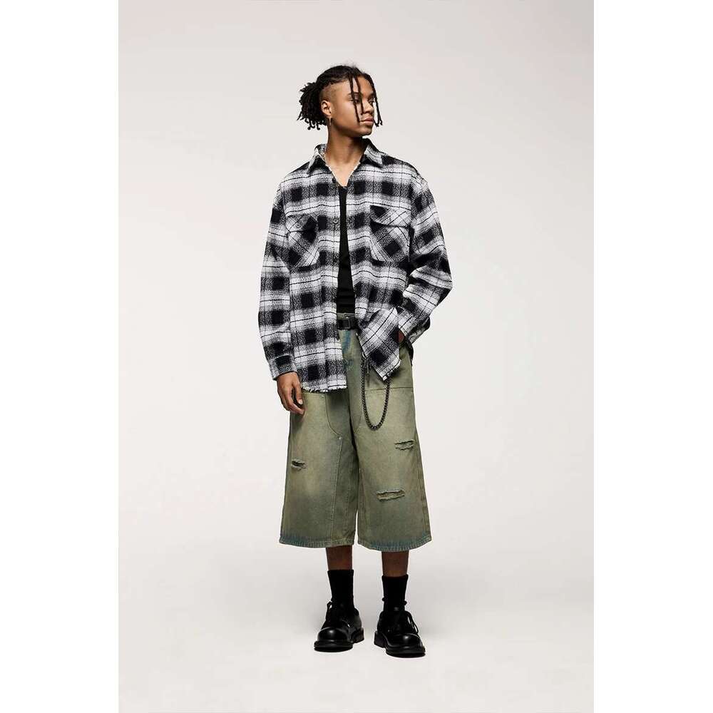 Classic Plaid Jacket Men Basic Front Pocket Stand Collar Woolen Long Sleeve Shirt