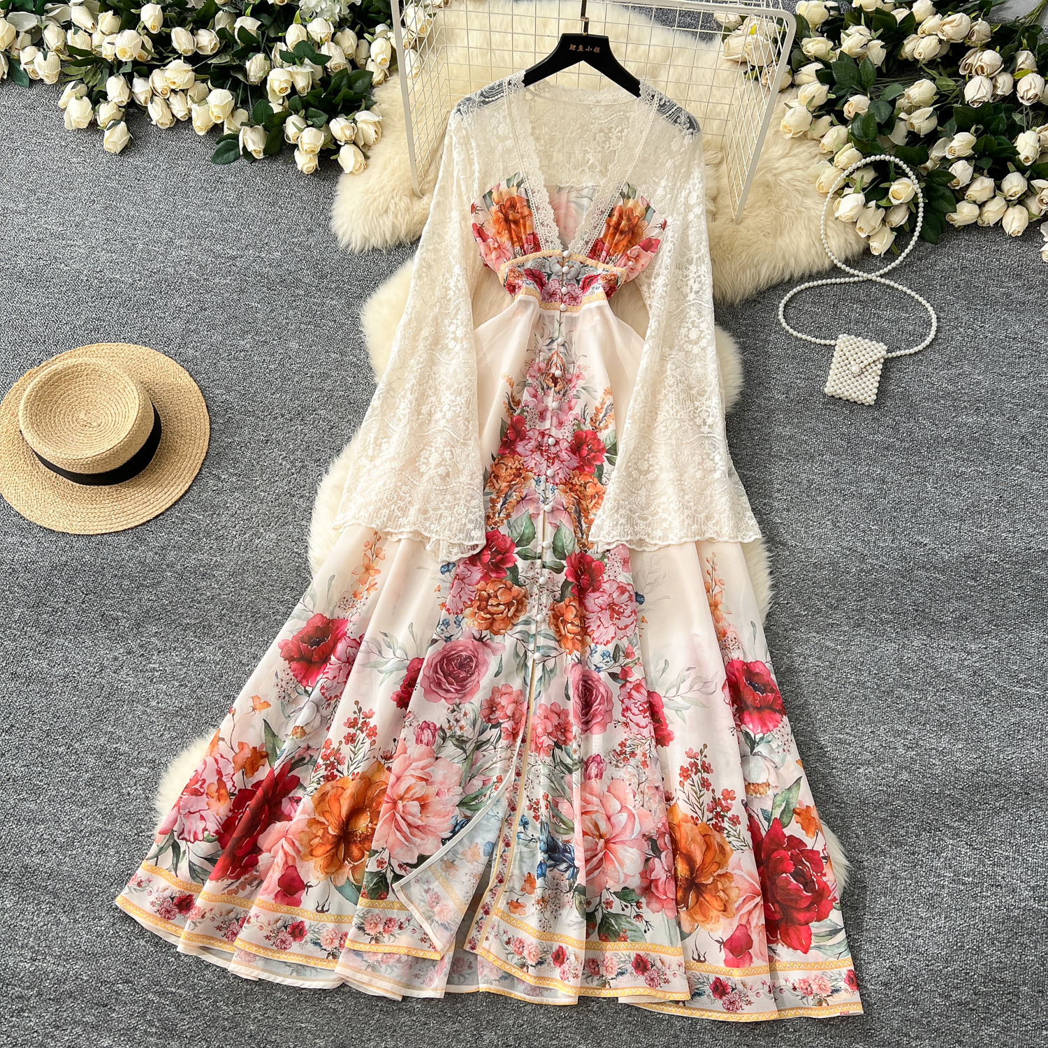 Basic Casual Dresses Summer Holiday Lace Patchwork Chiffon Pleated Dress Women's V-Neck Flare Sleeve Flower Print High Elastic Waist Runway Vesti