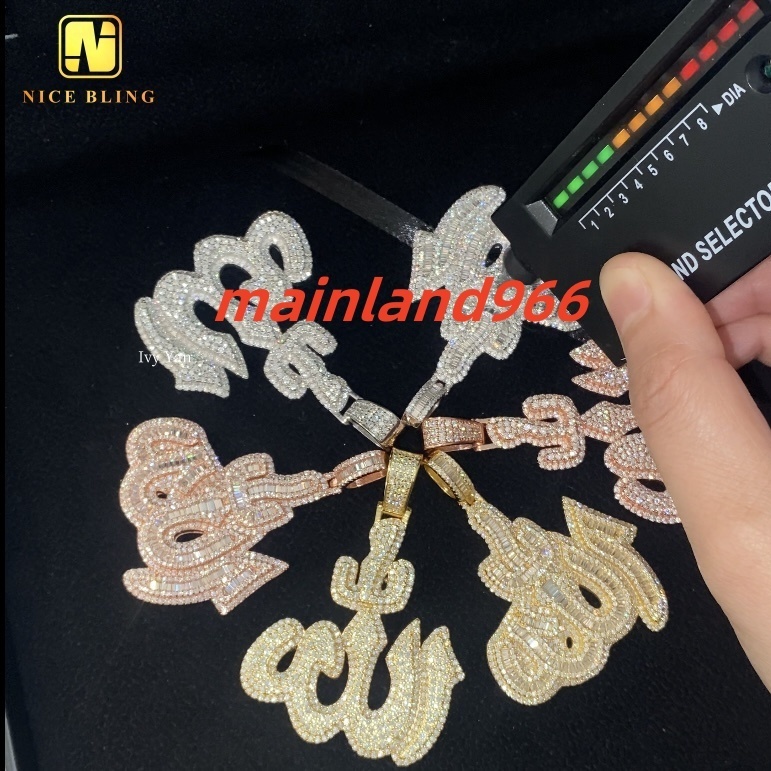 GRA Certificate Custom Made Iced Out Baguette Fine Hip Hop Unisex Jewelry Allah Charms 925 Silver VVS Moissanite Diamond Pendant