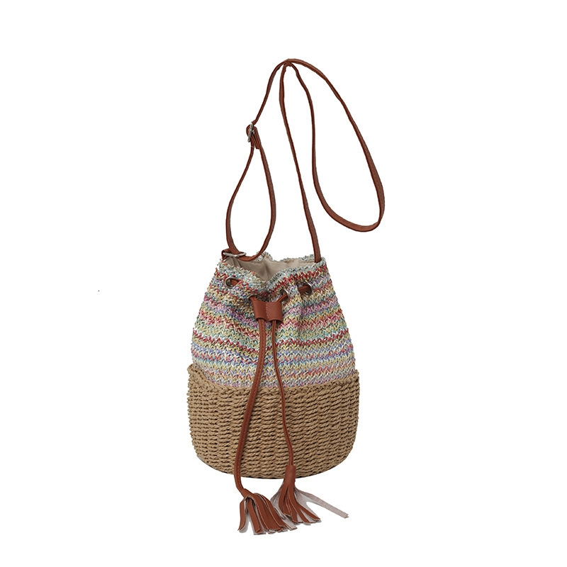 2025S Designer Women S Bag Instagram Bucket Women S Drawstring Single Shoulder Striped Woven Bag Vacation Beach Crossbody Handbag Large Bag