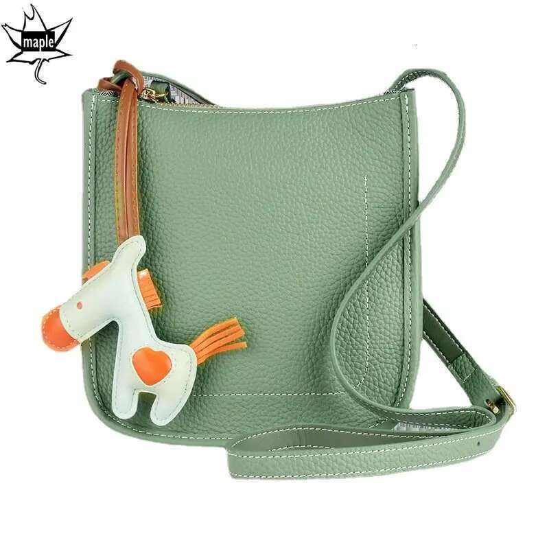 2023 Green Crossbody with Horse Charm 100% First Layer Cowhide Leather Female Shoulder Bag Small Daily-use Phone Purse