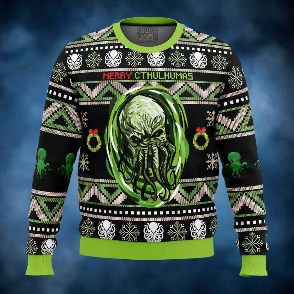 Christmas Ugly Sweater Cthulhu Octopus Face Dark And Bizarre Black Green Snowflake Christmas Elements Winter Sweater Pixel Style L251106
