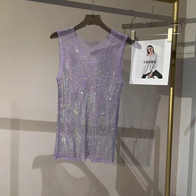 Womens and Mens Crystal Rhinestone Shiny Sexy Y2K Tank Top High Quality Party Club Sexy Look Through Mesh Hollow Diamond Shirt 250403