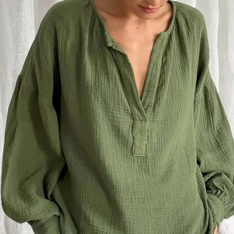 French Women Shirts 100% Cotton Mus Gauze Long Lantern Sleeve V-neck Blouse Casual Loose White Color Elegant Vintage Tops