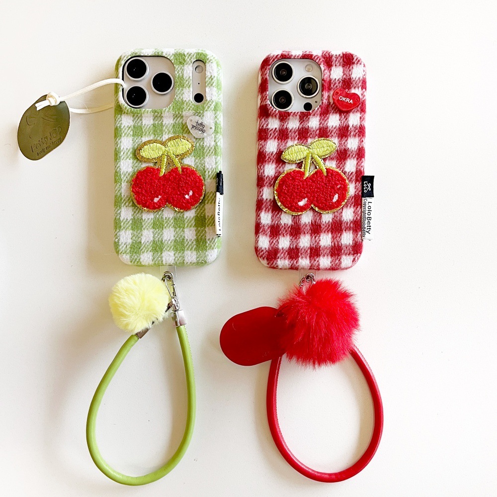 Red Green White Checkered Cherry Patch Phone Case Compatible with iPhone 17/16 Pro Solid Color Velvet Case iPhone 15/14