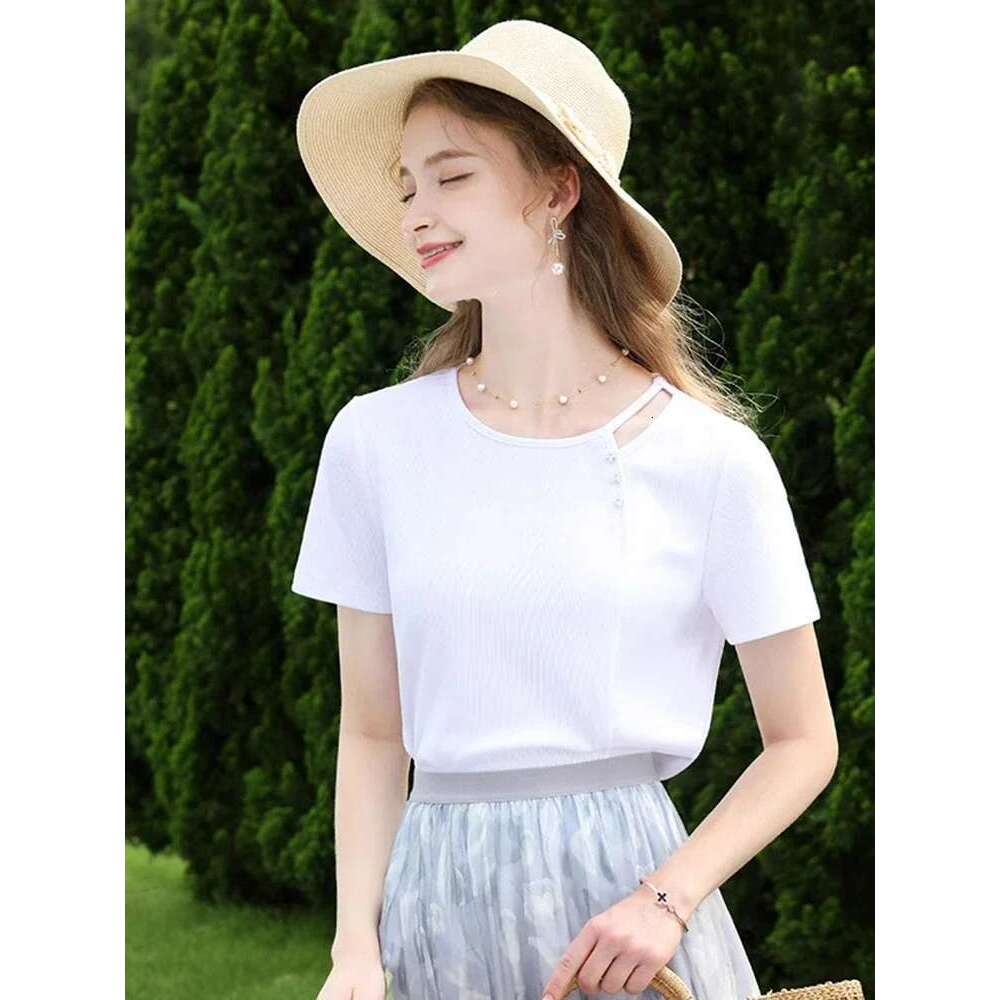 Tees for Women Summer New Knitted T-shirts Chic Short Sleeves Slim Solid Office Lady Casual Tops
