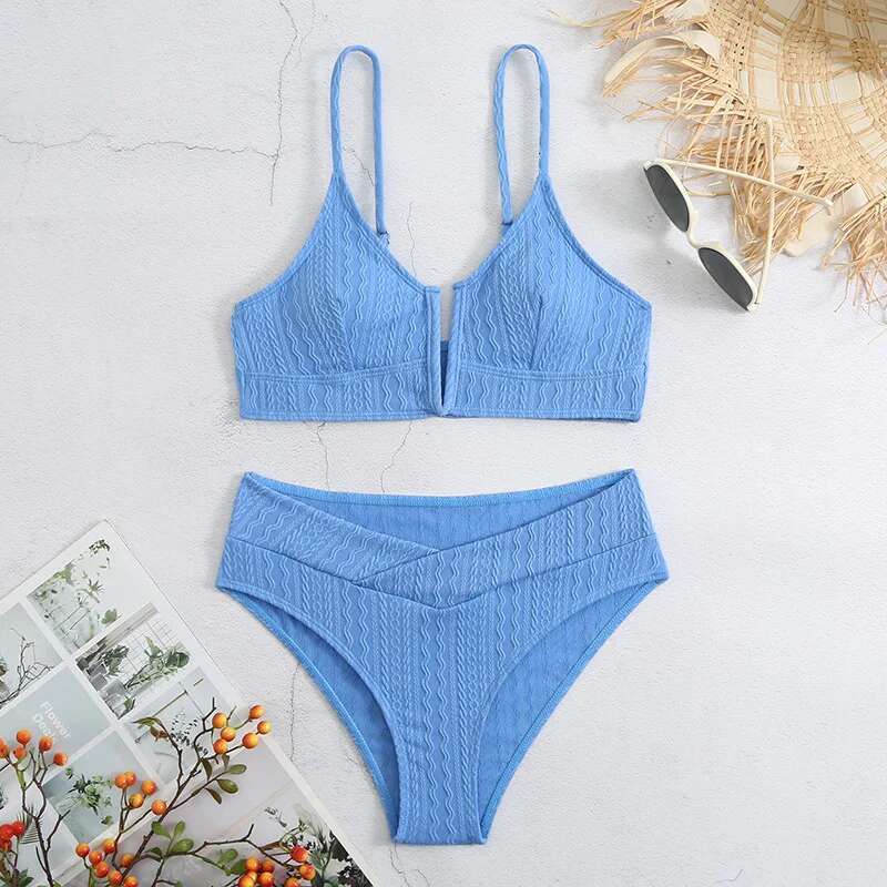 Solid Color 2 Piece Swimsuit for Women,sexy High Waist V-neck Bikini,suspender Beach Backless Swimwear,2024 Summer New