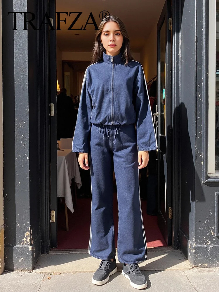 TRAFZA Womens Casual Denim Jacket Trouser Set Splicing Work Striped JacketLoose Elastic Waist Wide Leg Jeans 250403