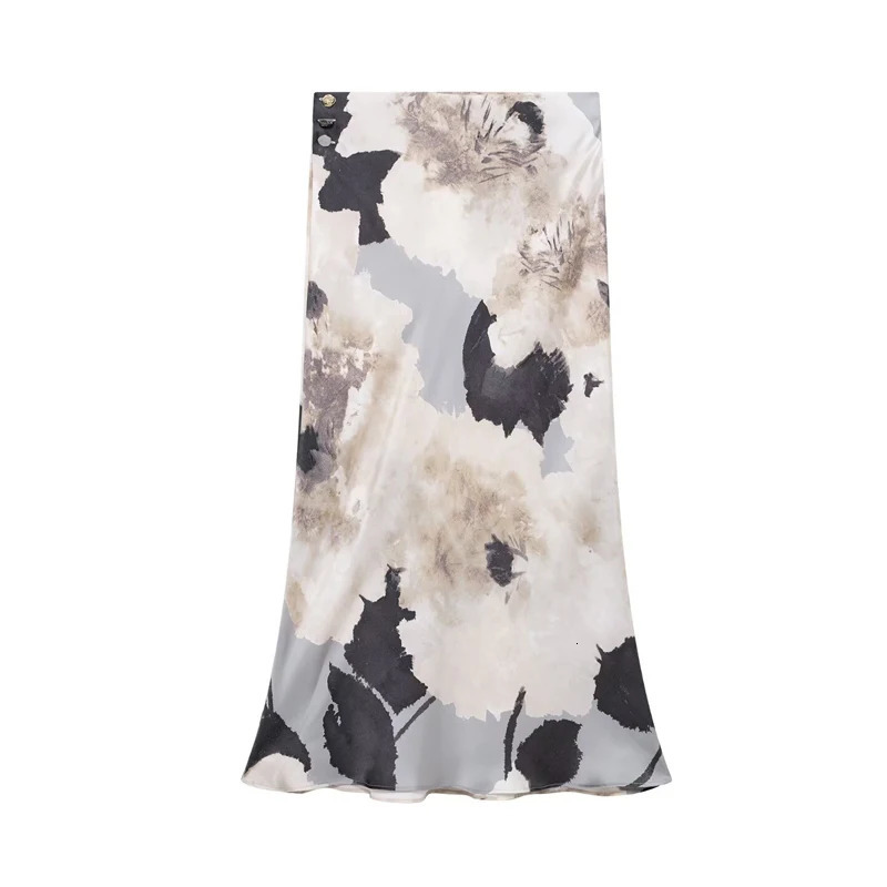 TRAF Print Womens Skiing 2piece Satin Shirt and Suitable for High Waist Midi Clothing Holiday Set 250403