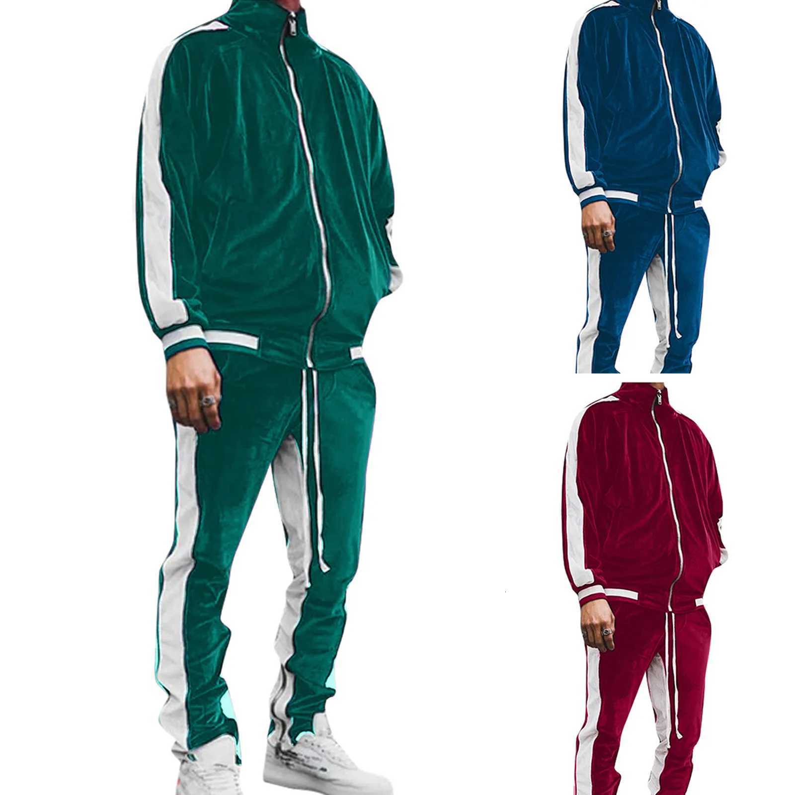 2025 Cross Border Mens Velvet Tracksuit Solid Color Contrast Trim Retro Casual Jacket SetXJ251106