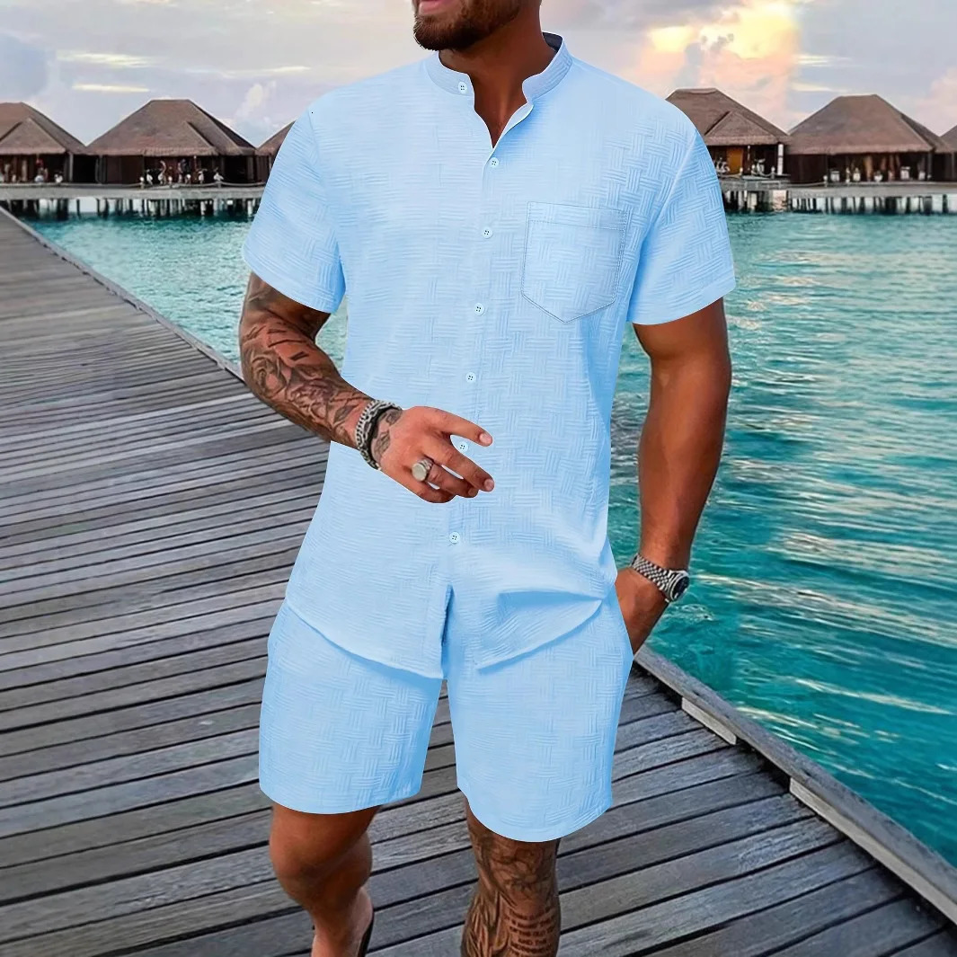 Fashion solid color short sleeved stand up collar short sleeved mens two-piece set summer jacquard casual pocket beach 2 250402