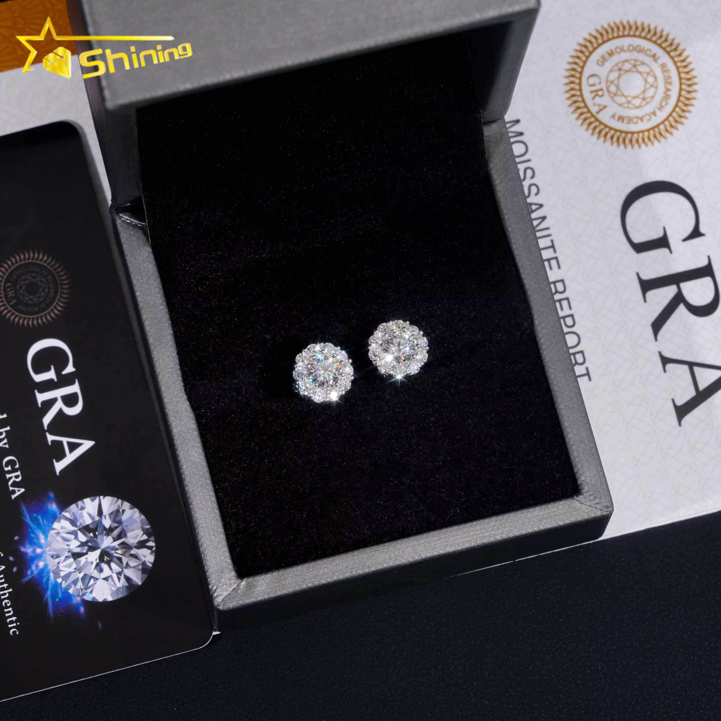 Hip Hop Jewelry Pass Tester GRA Certified Stocks VVS Dia Sterling Sier Cluster Moissanite Stud Earrings