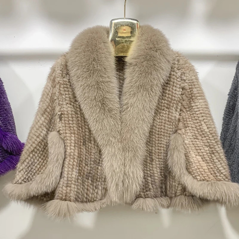 Real Mink Fur Poncho Knitted 100 Natural Shawl Fox Collar cape Autumn Winter Scarfs 251110