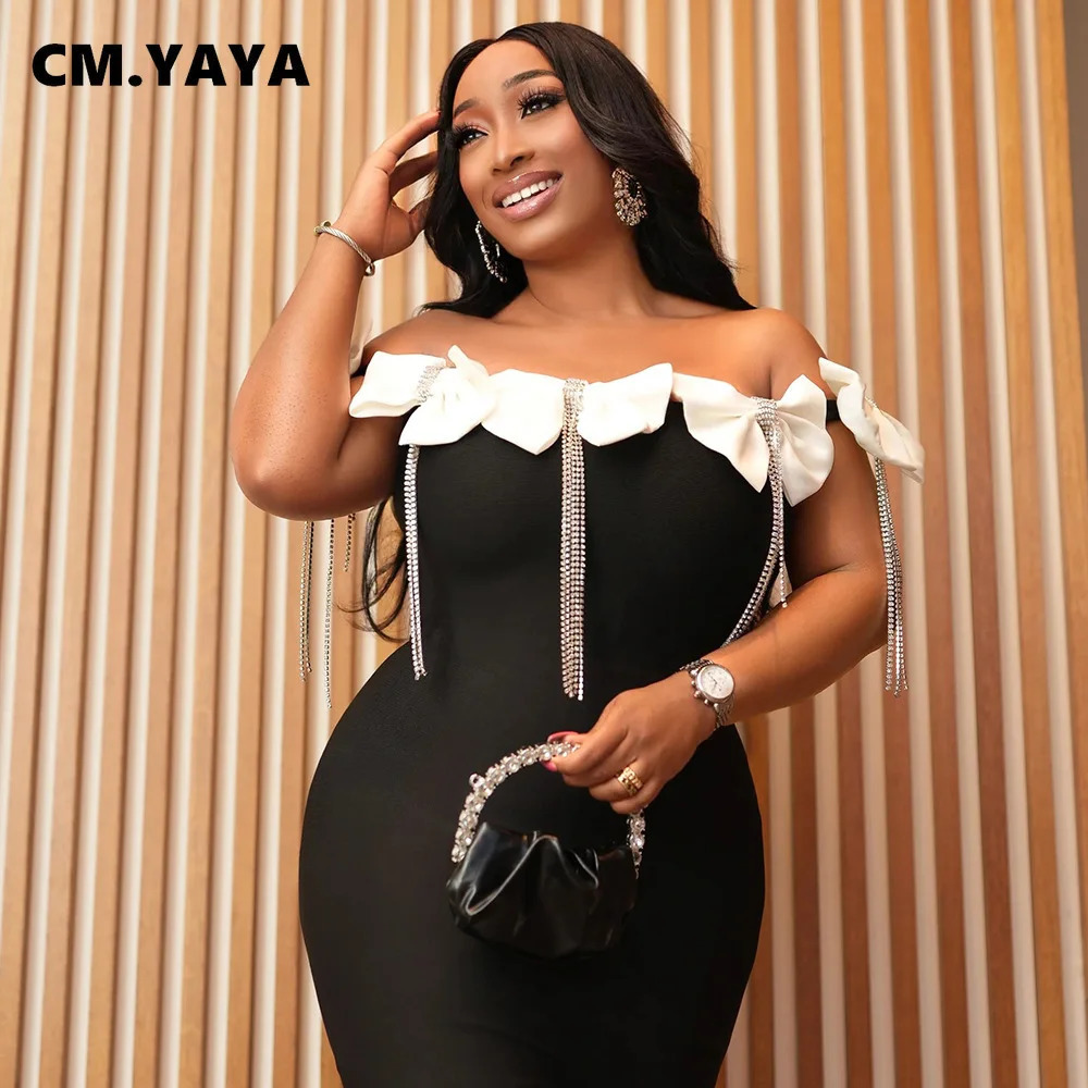 CM. YAYA Womens Bow Tassel Slant Neck Long Dress Autumn/Winter Sexy Birthday Party Street Long Dress Vestidos 250402