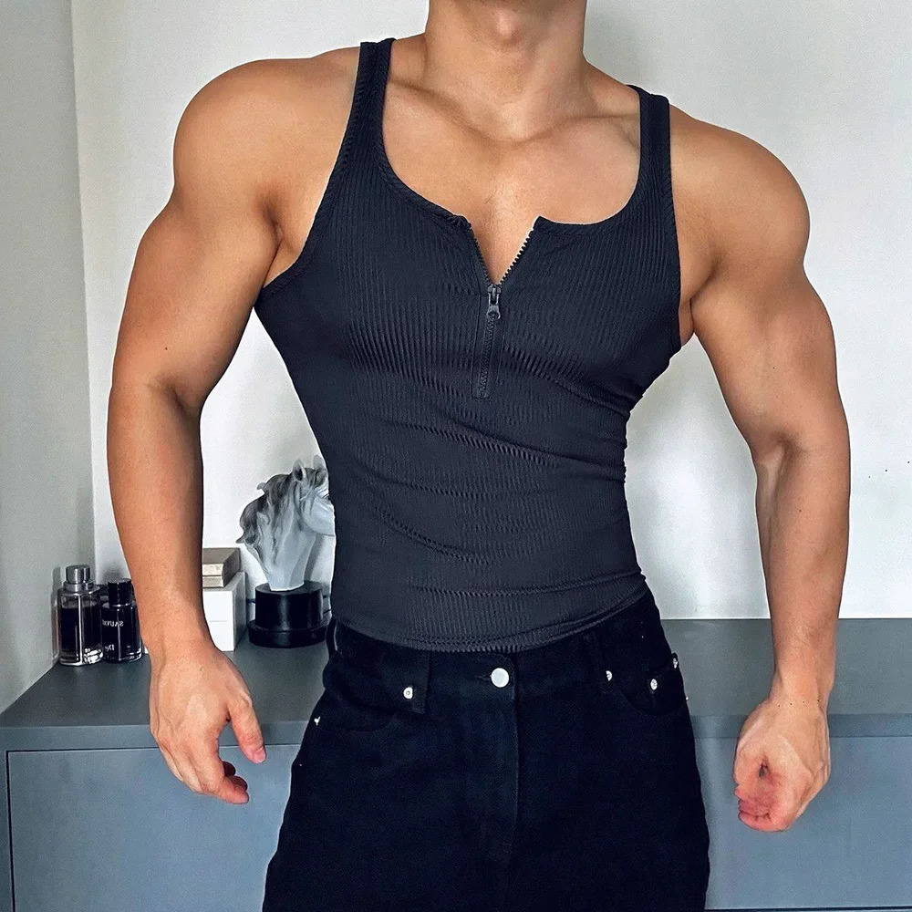Mens sports vest sexy half zipper vest top summer casual jogging street clothing training tight fitting sleeveless top 250403