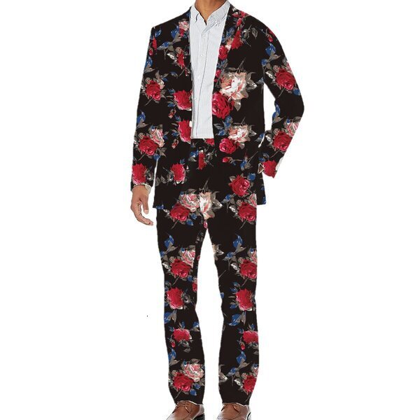 Mens digital printed casual one button suit set top and pants