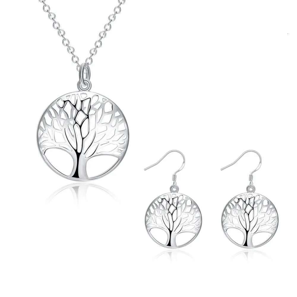 Sterg Sier Charm Round Tree of Life Earrings Necklace For Women Fashion Wedding Christmas Jewelry Set