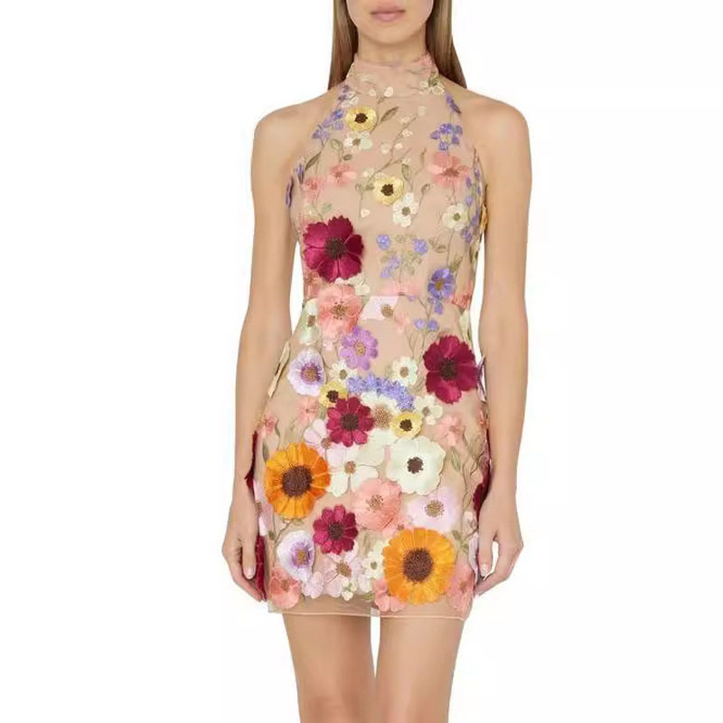 2025 Spring Clothing Womens Embroidered 3d Flower Hanging Neck Slimming Dress Small Dress Wrap Hip Skirt