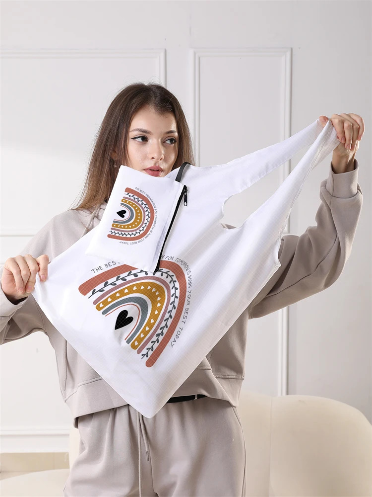 Womens Foldable Cartoon Rainbow Pattern Large Shopping Bag Storage Reusable Easy to Carry 250401