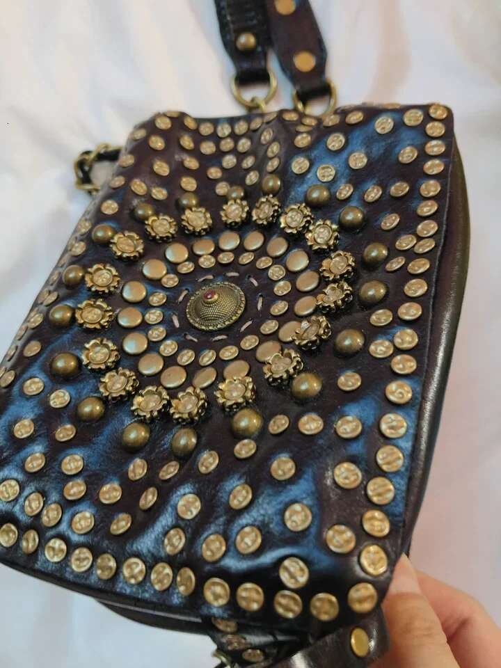 Ethnic Genuine Leather Handmade Rivet Chain Small Square Bag Shoulder Crossbody Bags For Women High Quality Hippie Handbags