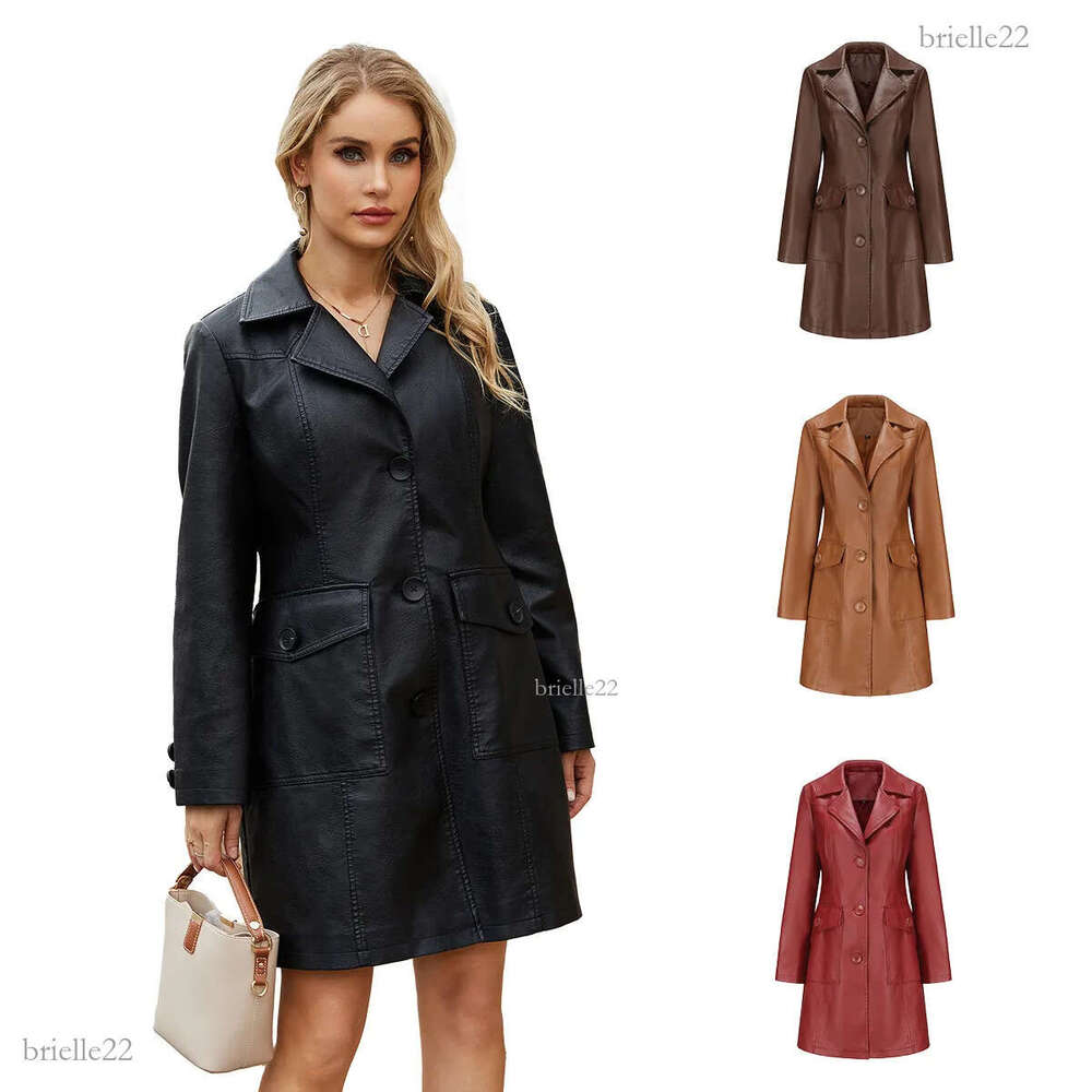 0C 416M39 PALLaS European and American Long Women's Leather Faux Clothes Long Sleeved Windbreaker Fashionable British Coat Flip Collar Single Bre