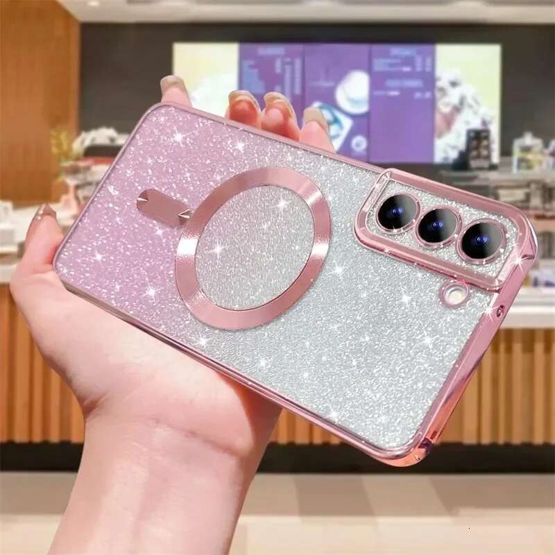 Glitter Magnetic Case For Samsung Galaxy S24 Ultra S23 S22 S21 Plus S20 FE Note 20 A55 A35 Plating Wireless MagSafe Bright Cover