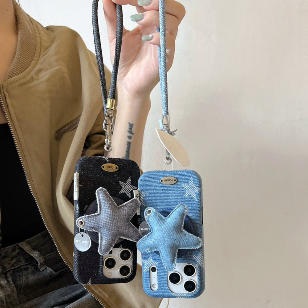 Denim Magnetic Star Stand Phone Case Compatible with iPhone 17/16 Pro Max Solid Color Lanyard Case iPhone 15/14 Pro