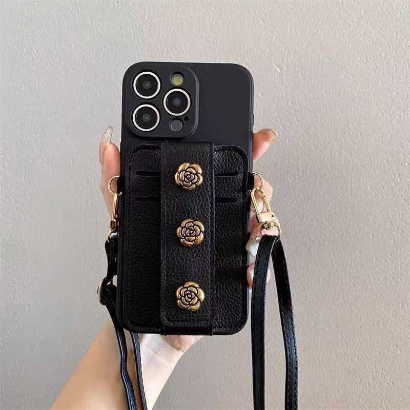 Compatible with 17 Phone Case Card Holder Insert Card iPhone 15 Pro Max Crossbody 16 Strap 14 Pro Camellia J251202
