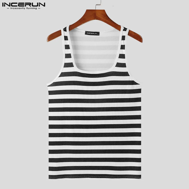 INCERUN Mens Striped Tank Top Square Collar Sleeveless Fitness Summer Mens Street Clothing Fashion Casual Mens Clothing 250403