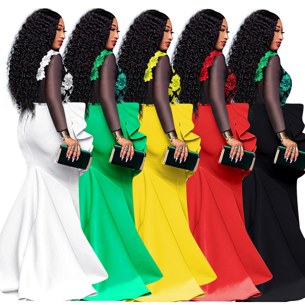 2025 New Plus Size Dress Womens Lace Mesh Transparent Ruffle Edge Dress