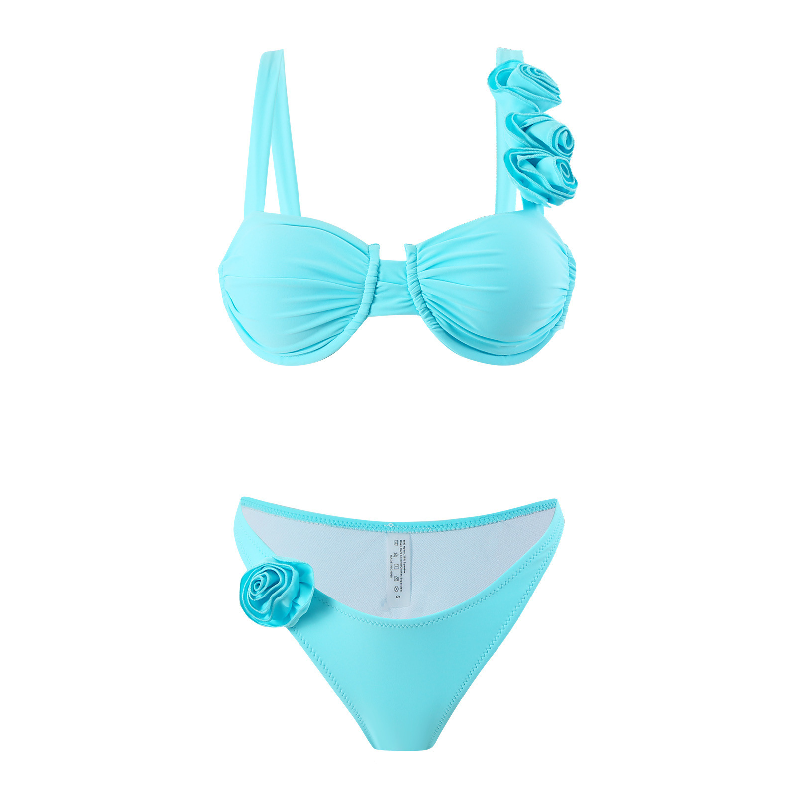 2025 3D flower bikini women's split solid color sexy suspender strap swimsuit
