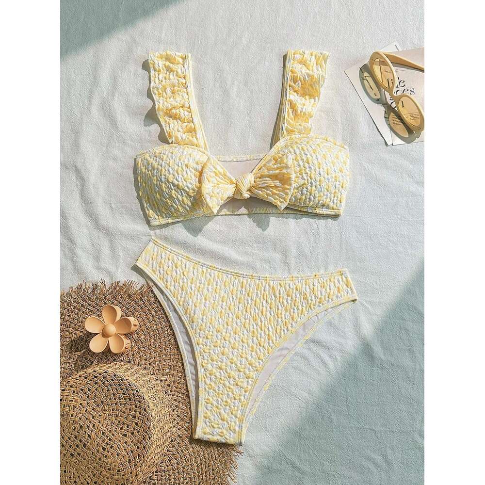 Sexy Front Knot Bow Micro Bikini 2025 Mujer Women Yellow Ruffles Push Up High Waist Swimsuit Beach Bathing Suit Holiday Swimwear