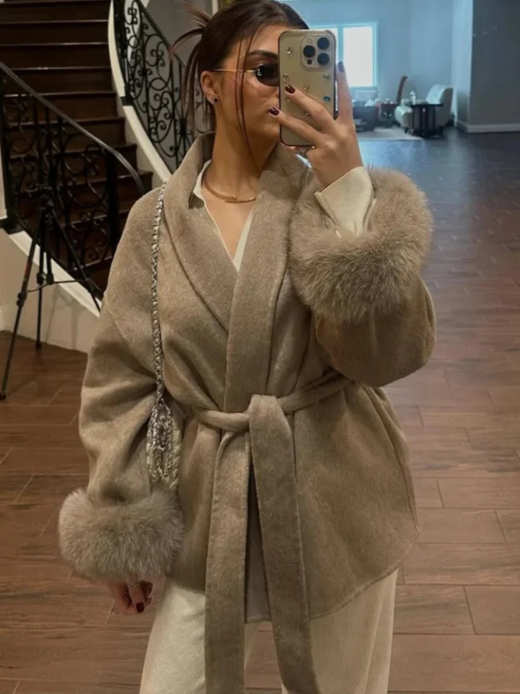 Elegant Lace Up Woolen Short Coat Solid Loose Lapel Furry Belt Long Sleeve Jacket Female Autumn Winter Lady Chic Cardigan 251106