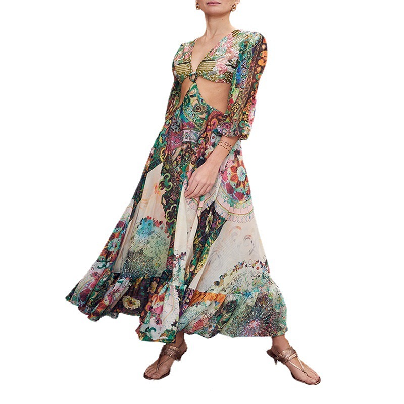 Series Long Skirt Looks Slim and Tall 2025 New Style Feminine Printed Chest Button Print Dress