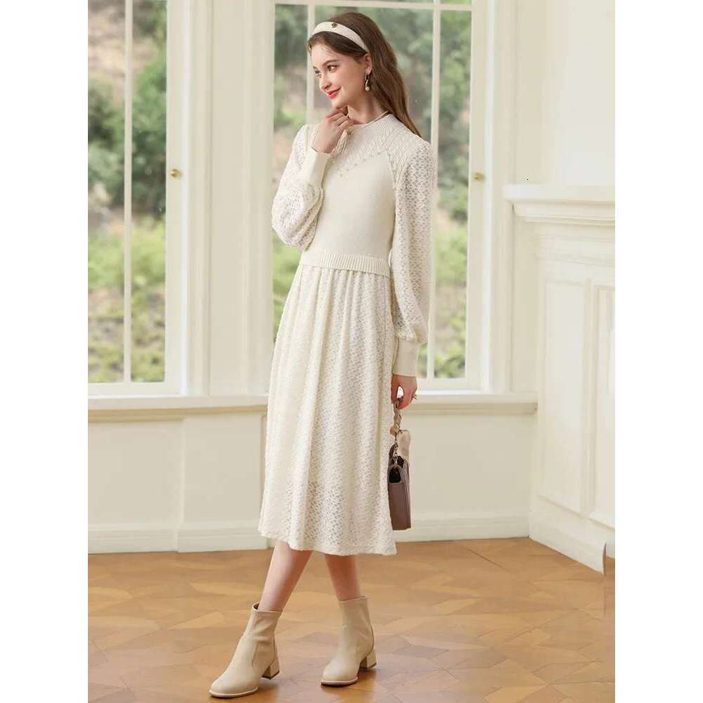 Women Dresses French Gentle Beaded Knitted Spliced Long Sleeve Winter New A-E Solid Dress Lady