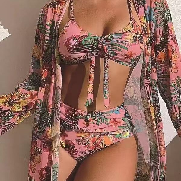 2025 Vacation Long length Chiffon Hoodie Split Sexy Women's Multi color Printed Bikini Swimsuit