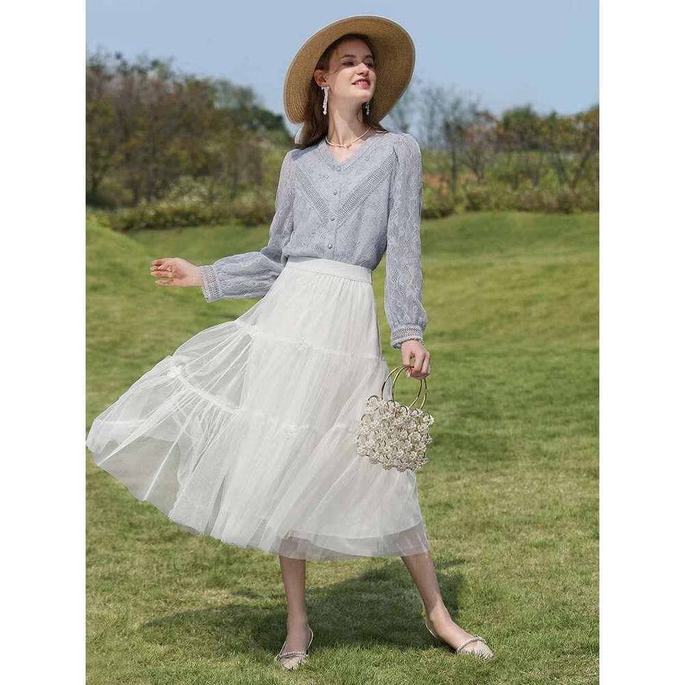 Hollow Out Lace Tops Female Autumn New Blue French V-Neck Puff Sleeve Beautiful Solid Women Shirts 2